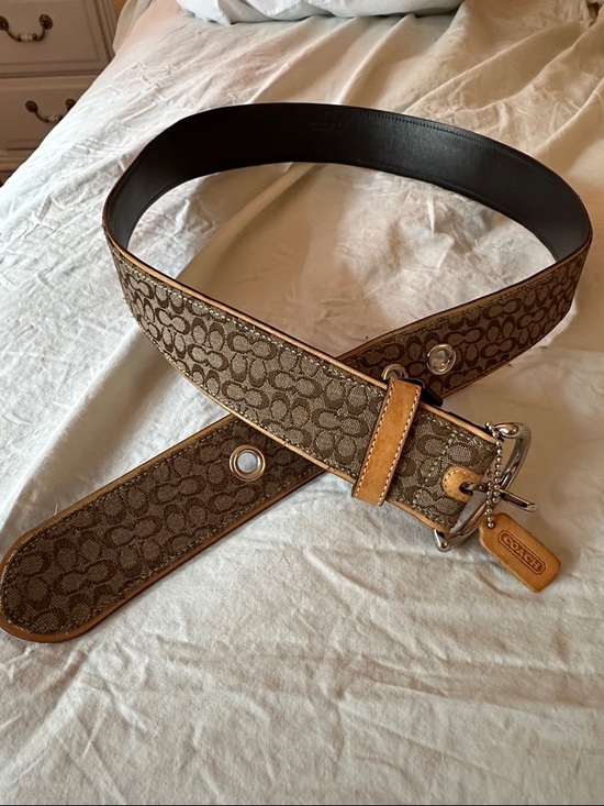 Coach Accessories - Coach Monogram Canvas Belt in Brown with Tan Leather Trim and Silver Hardware